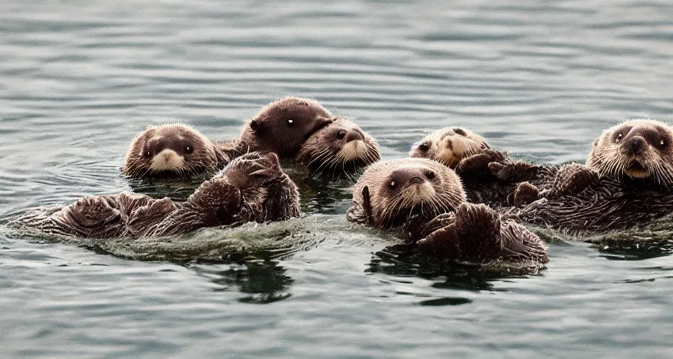 Image similar to cute northern sea otters floating in the sea, trending on artstation