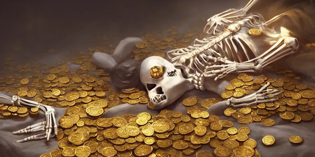 Image similar to concept art of a skeleton laying in the middle of golden coins and precious jewels, pearl, rubi, diamonds, painting by wlop, nixeu and greg rutkowski, beautiful, semirealism, artstation, octane render, oil painting, sharpness, 8 k, golden ratio