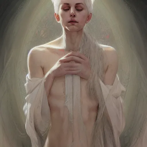 Image similar to portrait of a beautiful ethereal delicate roman catholic bishopress meditative sacral pose catholic stages of the cross, white hair, intricate, elegant, highly detailed, digital painting, artstation, concept art, smooth, sharp focus, illustration, art by krenz cushart and artem demura and alphonse mucha