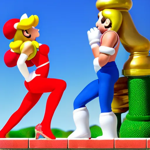 Image similar to super mario in tights kissing princess peach in yoga pants, highly detailed, extremely high quality, hd, 4 k, 8 k, canon 3 0 0 mm, professional photographer, 4 0 mp, lifelike, top - rated, award winning, realistic, detailed lighting, detailed shadows, sharp, no blur, edited, corrected, trending