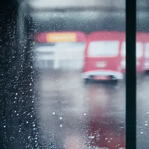 Image similar to Cinematic portrait photo of a woman looking through the window of a bus on a rainy day, long exposure