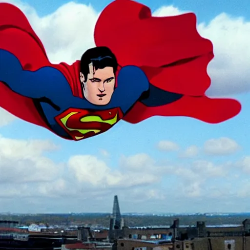 Prompt: A film still of superman flying over Dublin City Ireland