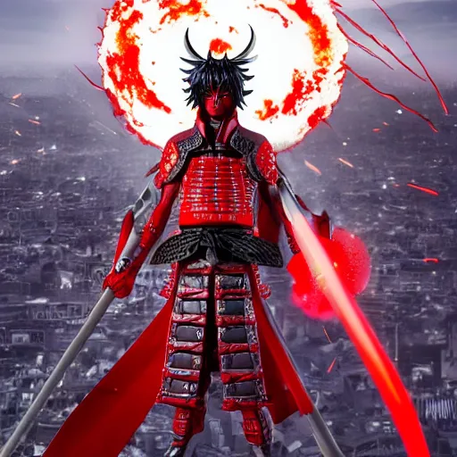 Image similar to demon samurai made by Yusuke Murata, Tomohiro Shimoguchi, Takeshi Obata, Masakazu Katsura,short hair, scar in one eye, red particles around ,destroyed city in the background,artstationCGsociety, full length, exquisite detail, post-processing, masterpiece, volumetric lighting, cinematic, hypermaximalistic, high details, cinematic, 8k resolution, beautiful detailed, insanely intricate details,ArtStation, CGSociety