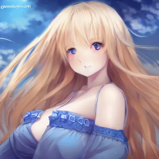 Image similar to a very beautiful anime cute girl, full body, long wavy blond hair, sky blue eyes, full round face, short smile, fancy top, miniskirt, front view, medium shot, mid-shot, laying in bed, highly detailed, cinematic wallpaper by Stanley Artgerm Lau