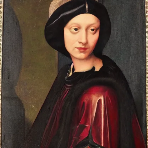 Image similar to a renaissance style portrait painting of raven winged female vampire, wearing a VR helmet and cape, dark background