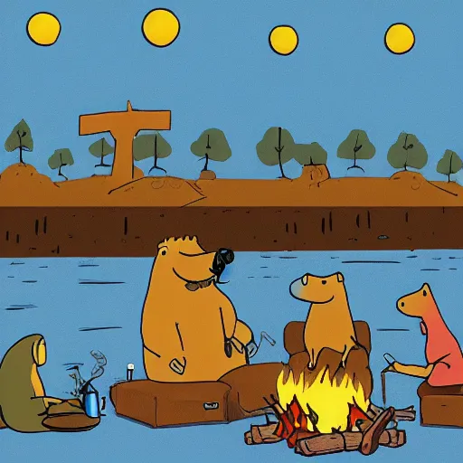 Image similar to capybaras camping on the seaside and one is playing guitar around the fire by matt groening by yuga labs and by pendleton ward