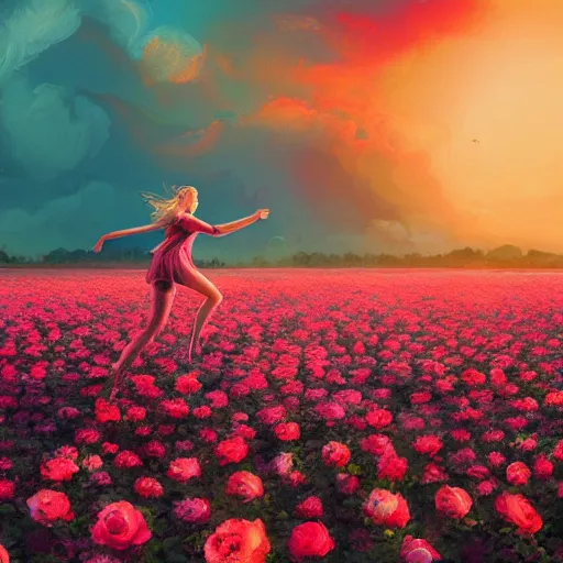 Image similar to giant rose flower head, full body girl running through a flower field, surreal photography, sunrise, dramatic light, impressionist painting, colorful clouds, digital painting, artstation, simon stalenhag