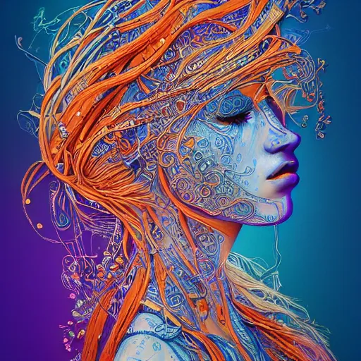 Image similar to the head of an incredibly beautiful and elegant young woman partially made of carrots and blueberries, an ultrafine detailed illustration by james jean, final fantasy, intricate linework, bright colors, behance contest winner, vanitas, angular, altermodern, unreal engine 5 highly rendered, global illumination, radiant light, detailed and intricate environment