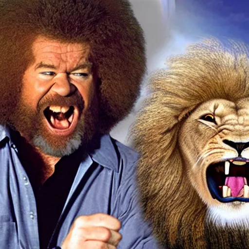 Prompt: bob ross screaming at a screaming lion screaming bob ross