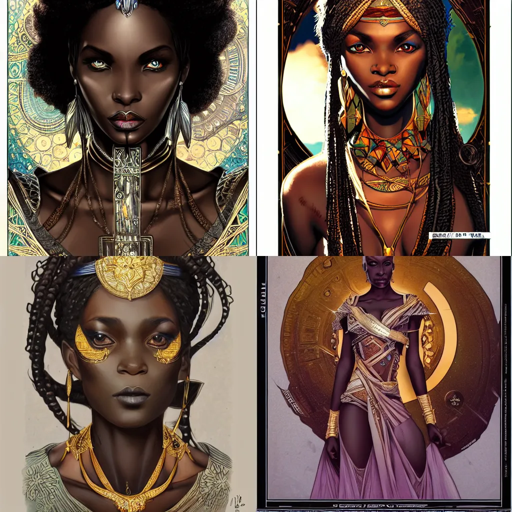 Prompt: black african princess, symmetric, highly detailed, concept art, sharp focus, illustration, rutkowski, mucha, aleksi briclot