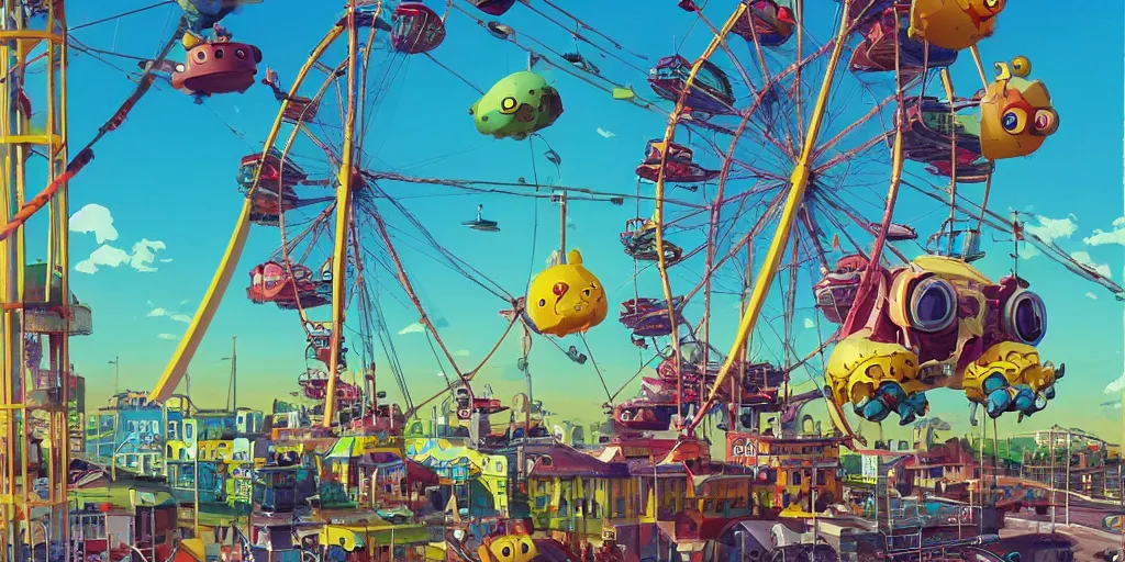 Image similar to cute anime monsters on a Ferris wheel by Os Gemeos and Goro Fujita and Simon Stalenhag, 8k, trending on artstation, hyper detailed, cinematic
