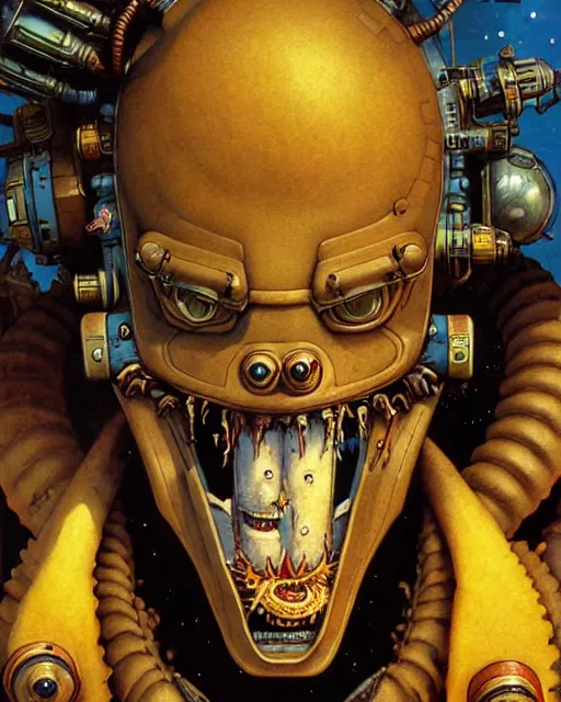 Image similar to junkrat from overwatch, character portrait, portrait, close up, concept art, intricate details, highly detailed, vintage sci - fi poster, in the style of chris foss, rodger dean, moebius, michael whelan, and gustave dore