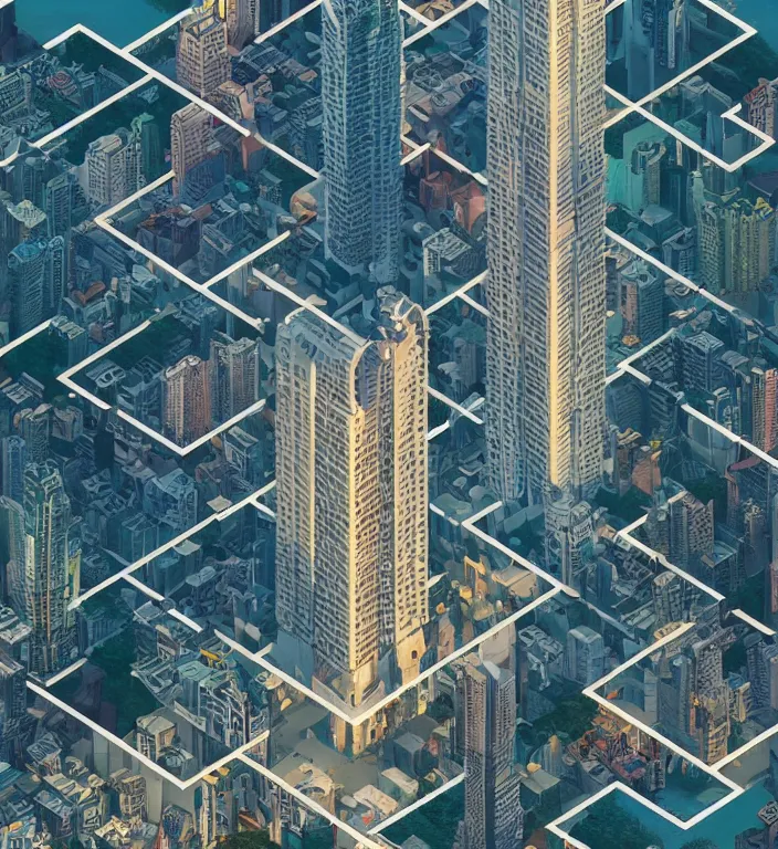 Image similar to beautiful isometric fractal totem in hong kong, shot from drone, trending on artstation art by james gilleard and edward hopper, highly detailed, cg society contest winner