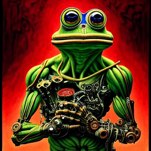 Prompt: ultra realist intricate detailed horror portrait of pepe frog, cyborg tech on body and legs, accurate features, cyberpunk, industrial, apocalyptic, very intricate details, focus, high resolution, 8 k resolution, dramatic lighting, artstyle alex ries and zdzisław beksinski, award winning