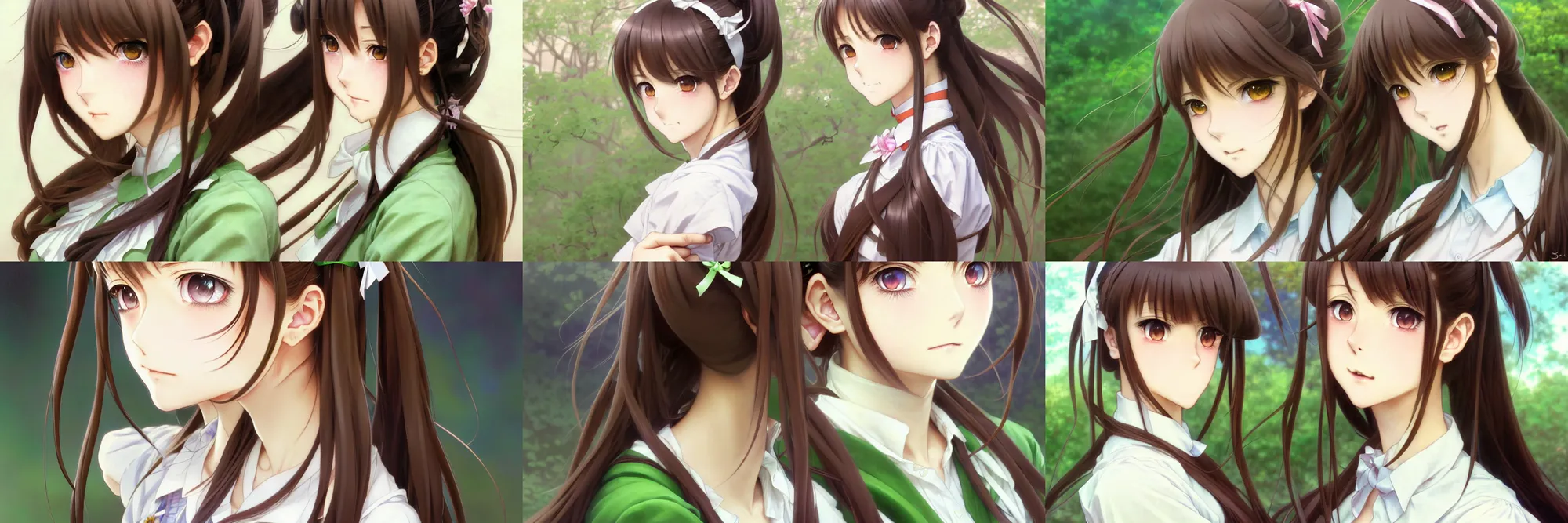 Prompt: beautiful anime high school girl, complete body view, brown hair, ponytail, white ribbon, green eyes, full perfect face, slightly smiling, western, fantasy, intricate, elegant, highly detailed, digital painting, artstation, detailed school background, matte, sharp focus, illustration, art by Artgerm and Greg Rutkowski, Alphonse Mucha, Sasoura, Satchely, no distorsion