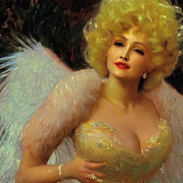 Image similar to high quality high detail painting by ilya repin depicting dolly parton as a beautiful angel, glow
