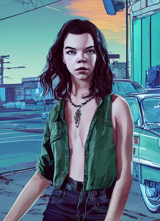 Image similar to anya taylor - joy in the style of gta cover art, by stephen bliss, trending on artstation, pixiv, 8 k