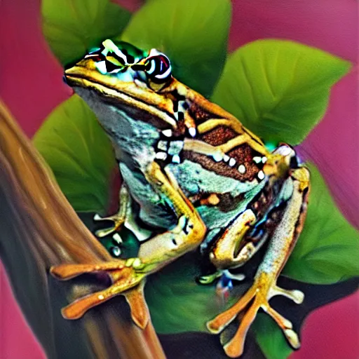 Image similar to beautiful oil painting of a common frog on a tree, sunlight, award - winning, matte,