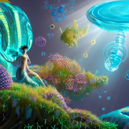 Prompt: greek gods, expressive eyes, floating, rbc, radiolaria, protophyta, micro - organisms, center frame, symmetric, rim light, marine microbiology, bioluminescence, electric, fur, soft, concept art, intricate details, highly detailed, colorful, photorealistic, disney pixar, octane render, iridescent, anime