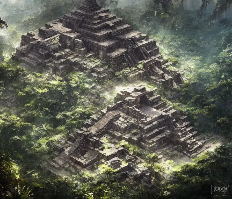 Prompt: a cinematic view of the beautiful ruins of a futuristic mayan temple in the jungle of yucatan, art by federico pelat and greg rutkowski and alejandro burdisio