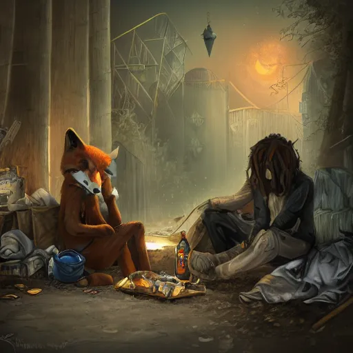 Image similar to humanoid fox detective in a homeless tent city with hobos.. dark, gothic. fine art, masterpiece digital painting, 4 k