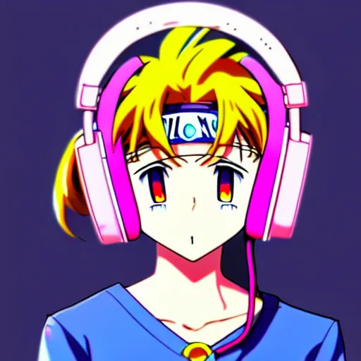 Image similar to An anime character's head wearing retro headphones. 90s anime, Sailor Moon, Neon Genesis, official art, flat cell shading, fantastic screenshot art, trending on artstation, muted nostalgic colors