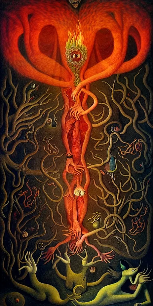 Image similar to mythical creatures and monsters in the visceral anatomical human heart imaginal realm of the collective unconscious, in a dark surreal painting by johfra, leonora carrington and ronny khalil, dramatic lighting fire glow