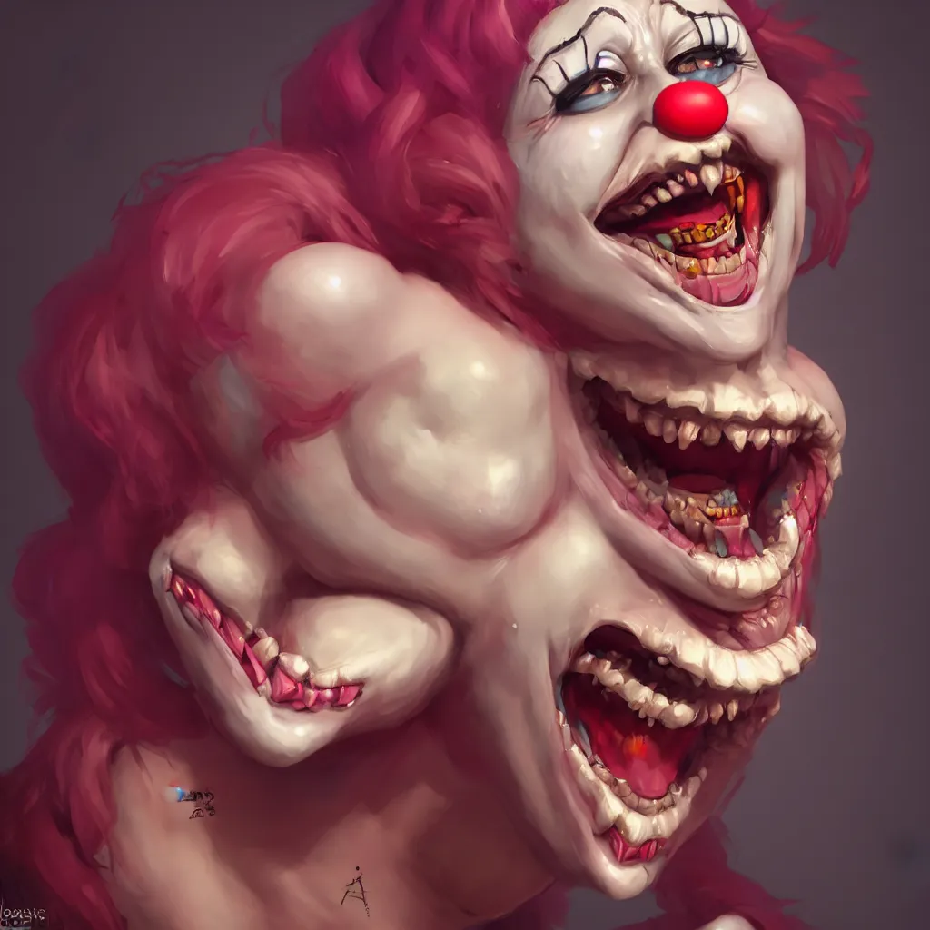 Image similar to a scary female clown laughing, directed gaze, full - body and head view, highly detailed, zeronis style, artstation, soft light, sharp focus, illustration, character design, concept art