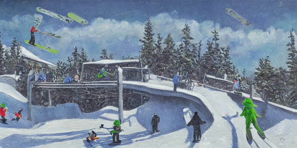 Image similar to pepe the frog snowboarding in terrain park, ramps, half - pipe, gloomy landscape, expressive oil painting by christopher radlund and camille pissaro