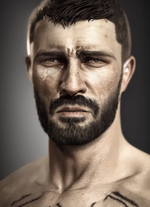 Image similar to a portrait picture of a rough looking man in their 3 0 s, crew cut, brown hair, rugged good looks, serious face, stubble, scar on the cheek, highly detailed, digital art, realistic, 4 k, studio lighting, trending on artstation