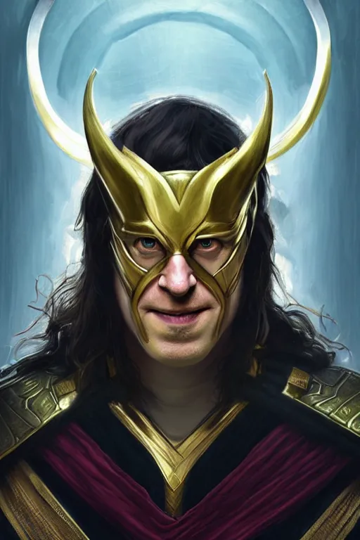 Image similar to Boris Johnson as Loki from Asgard, realistic portrait, symmetrical, highly detailed, digital painting, artstation, concept art, smooth, sharp focus, illustration, cinematic lighting, art by artgerm and greg rutkowski and alphonse mucha