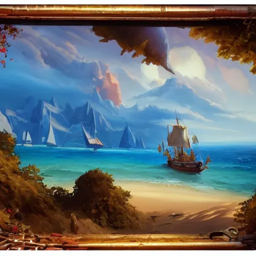 Image similar to a painting of an island with a pirate ship on it, a detailed matte painting by RHADS, cgsociety, fantasy art, matte painting, artstation hq, matte drawing