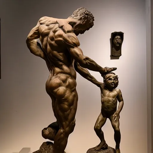 Image similar to statue of Saturno devorando a su hijo, sculpted by HR Geiger, Geiger art, extremely detailed, background is a low light museum, 4k