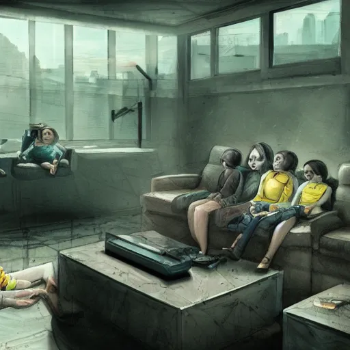 Image similar to pov shot behind a a family sat on a sofa watching mind control TV propoganda in an eerie room, trending on artstation, dystopian and depressing