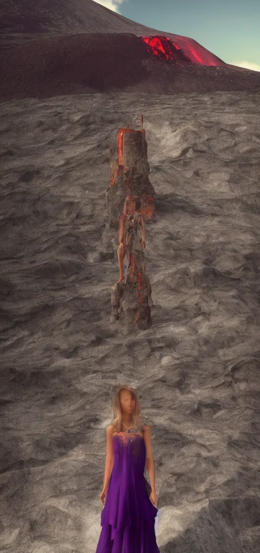 Image similar to a beautiful hyperrealistic ultradetailed 3D render girl in a magnificent dress stands near a volcano, voge photo, fashion style, Annie Leibovitz photostyle, octane render, 3D, brilliantly colored, intricate, wide angle, volumetric lighting, polished, path tracing