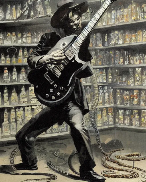 Image similar to Snake Oil salesman shredding on a Gibson Les Paul in a snake oil warehouse, snakes and oil everywhere, painting by Frank Frazetta