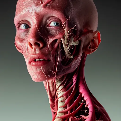 Image similar to female Human with translucent skin, visible muscles and veins and arteries and bones and spine and nerves, beautiful detailed intricate insanely detailed octane render, 8K artistic photography, photorealistic, chiaroscuro, by David Cronenberg, Raphael, Caravaggio