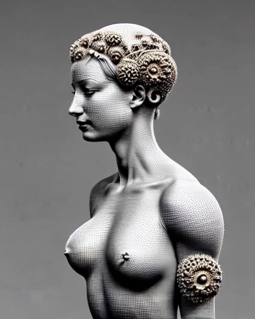 Image similar to bw 3 d render of a beautiful female queen - cyborg - vegetal, intricate fractal ornament in the bust with a very long neck, elegant, highly detailed intricate rococo ornament in her blond long hair, realistic, refined, highly detailed, cinematic outdoor lighting, by flora borsi in the style of dora maar, volumetric lighting, hyper realistic photography