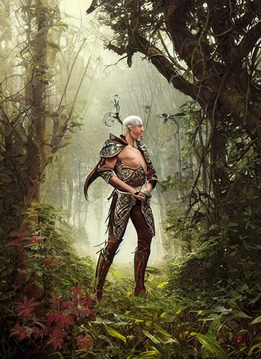 Image similar to a portrait painting of an elder male elf fighter in leather armour on a beautiful lush forest meadow, morning, art by Tristan Eaton, Stanley Artgerm, Tom Bagshaw, Greg Rutkowski, Carne Griffiths