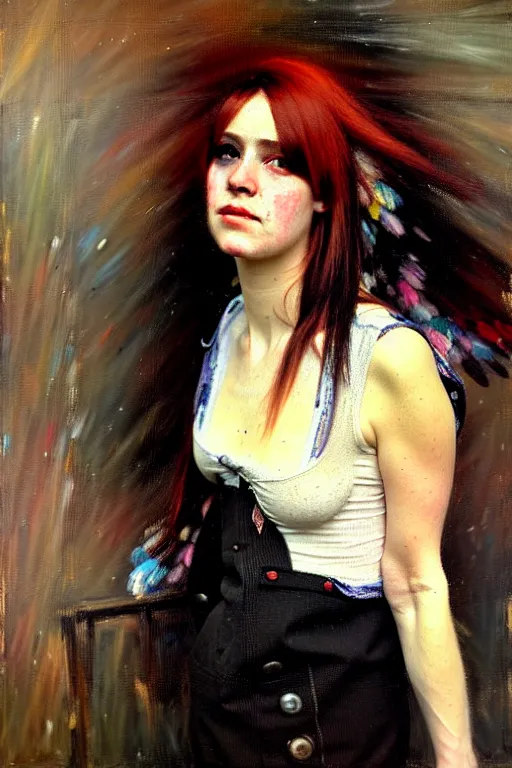Image similar to impressionist brushstrokes!!!!!!!!! solomon joseph solomon and richard schmid and jeremy lipking victorian loose genre loose painting full length portrait painting of a young beautiful woman punk rocker