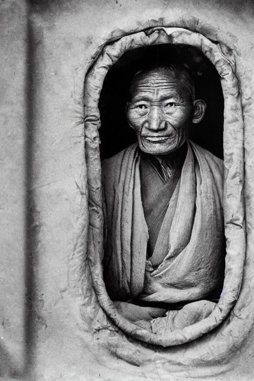 Image similar to ultra realistic vintage photo portrait of a tibetan man with a tunnel in forehead, by Irving Penn