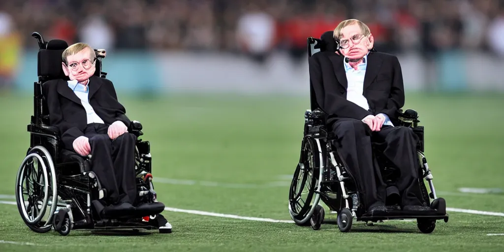 Image similar to stephen hawking is playing football, moving his wheelchair fast