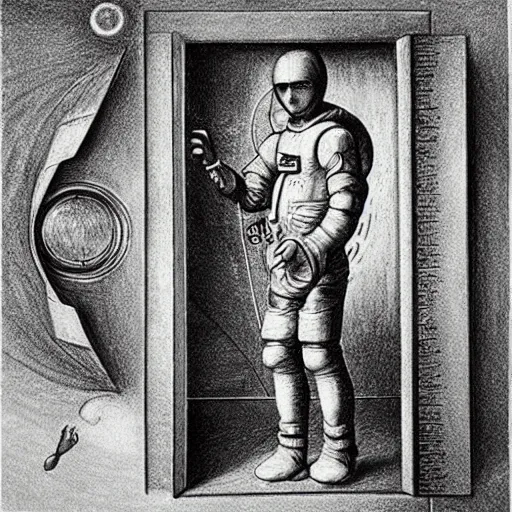 Image similar to golden ratio, pencil art, space astronaut, opening door showing space and time created by leonardo davinci with extra detail, epic.