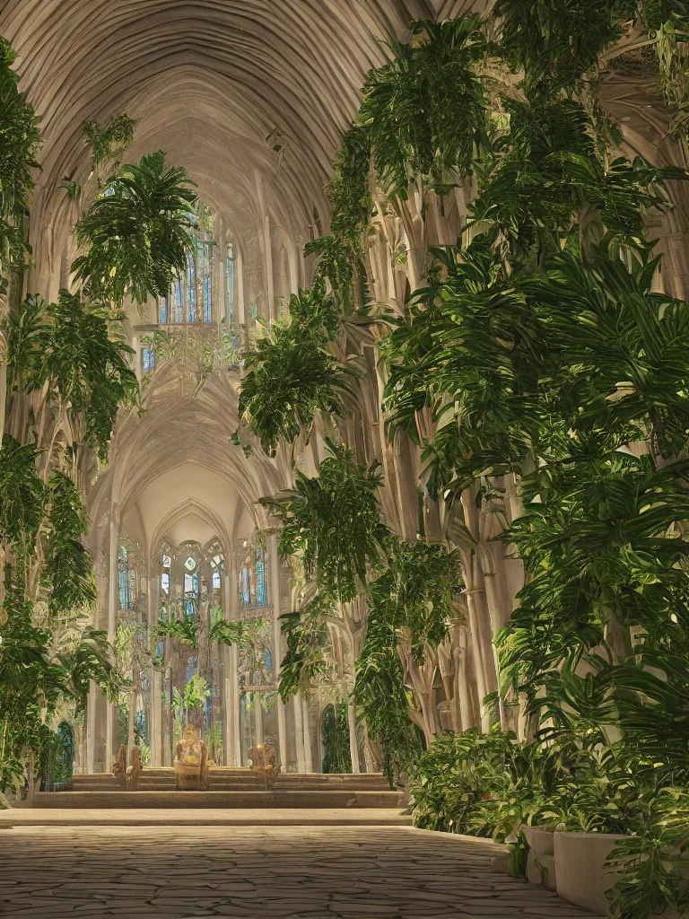 Image similar to grand cathedral interior with koi pond in the middle surrounded by palm trees, ivy, flowers, tropical plants, roses, and with archways, rendered in octane render with photorealistic cinematic volumetric lighting, cinematic, symmetrical down vertical center