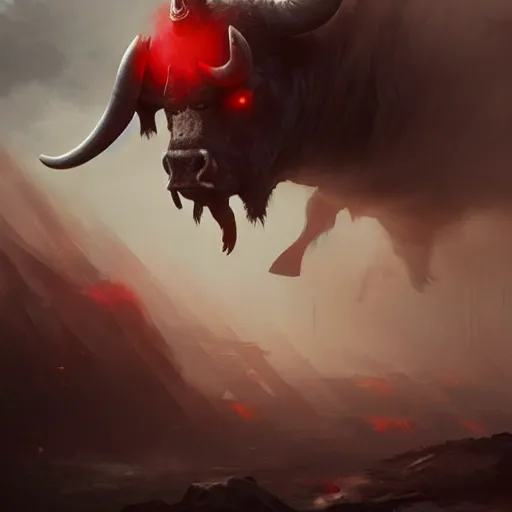 Image similar to giant angry bull with red eyes, steam breath, mysterious, epic concept art, epic painting, artstation, realistic, by greg rutkowski