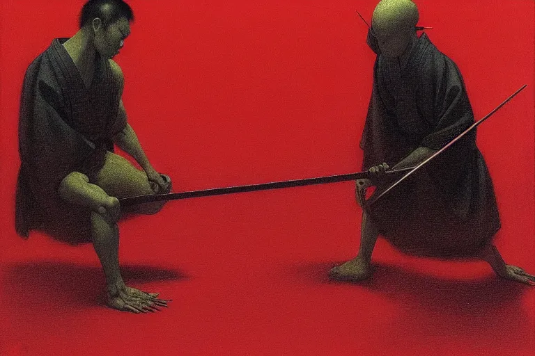 Image similar to only with red, a red samurai do seppuku, tokio, a lot of frogs watch, in the style of beksinski, parts by edward hopper, parts by rodcenko, parts by yue minjun, intricate and epic composition, red by caravaggio, insanely quality, highly detailed, masterpiece, red light, artstation, 4 k