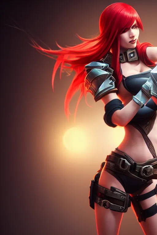 Image similar to Katarina from League of Legends holding a toaster, photorealistic full body, studio lighting, unreal engine 5, hyperrealistic, dynamic lighting, white ambient background, realistic, highly detailed