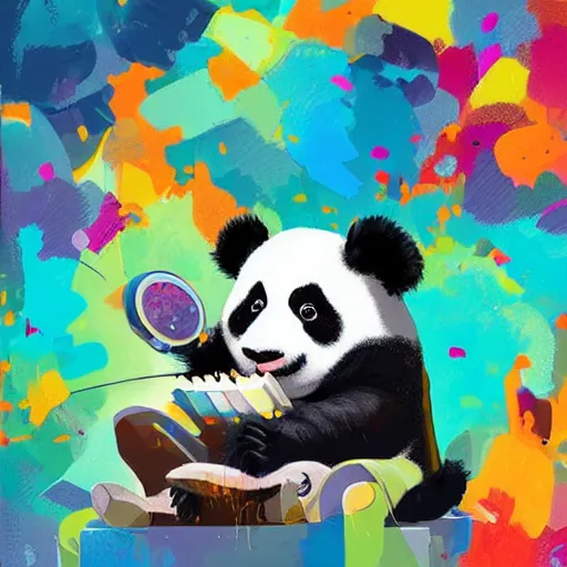 Image similar to colorful illustration of panda in headphones, colorful splatters, by andy wrahol and zac retz and kezie demessance