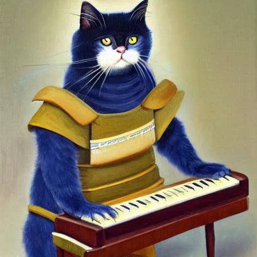 Image similar to a ragdoll cat wearing Japanese armor playing piano , oil painting, 4k,