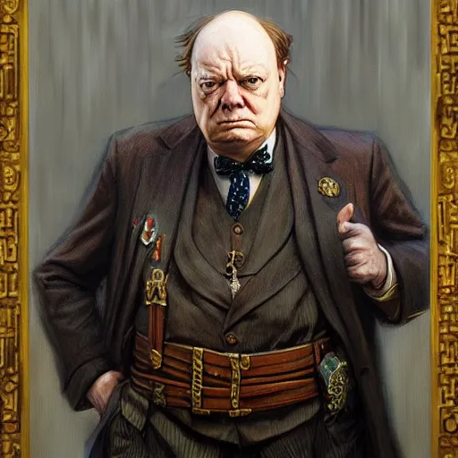 Prompt: Winston Churchill as a fantasy D&D merchant, portrait art by Donato Giancola and James Gurney, digital art, trending on artstation